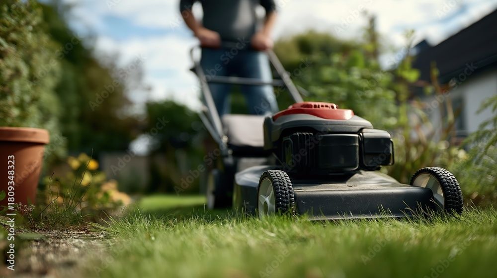 Une personne pousse une tondeuse à gazon rouge et noire sur une pelouse résidentielle par une journée ensoleillée.