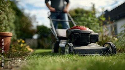 Une personne pousse une tondeuse à gazon rouge et noire sur une pelouse résidentielle par une journée ensoleillée.