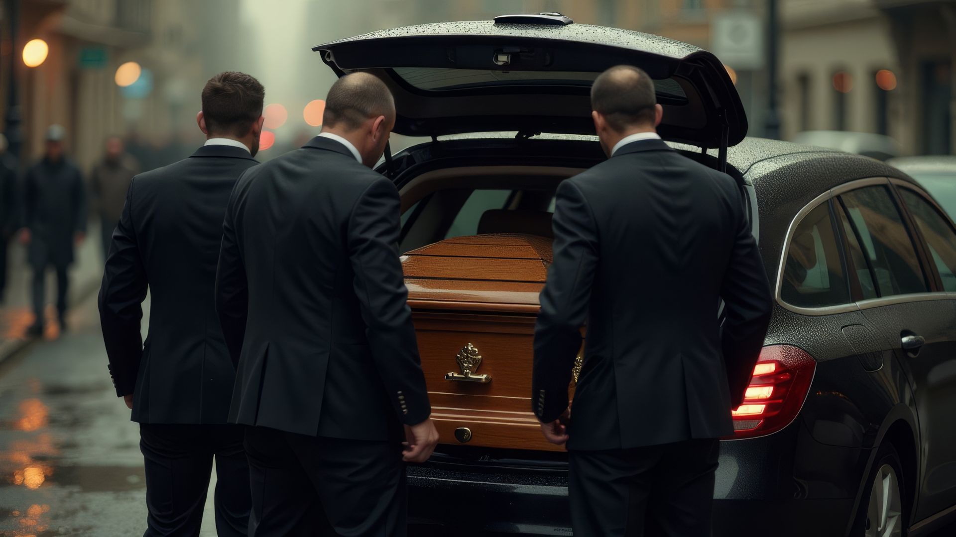 Des hommes devant le cercueil derrière une voiture