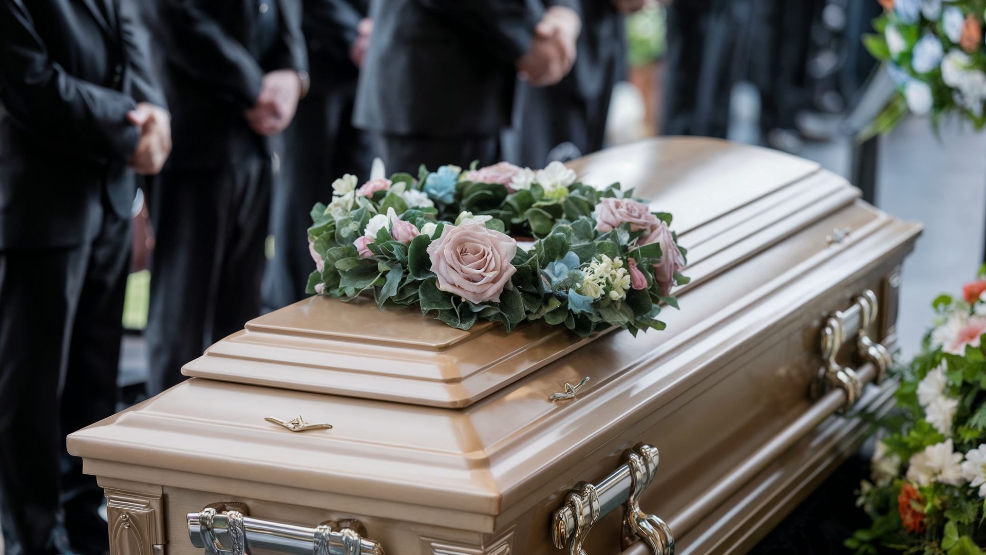 Des personnes à côté du cercueil fleuri