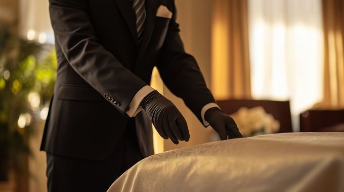 Un monsieur portant des gants devant un cercueil