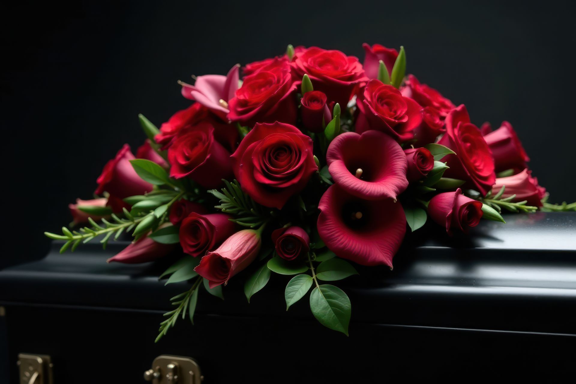 Des fleurs sur un cercueil de couleur sombre