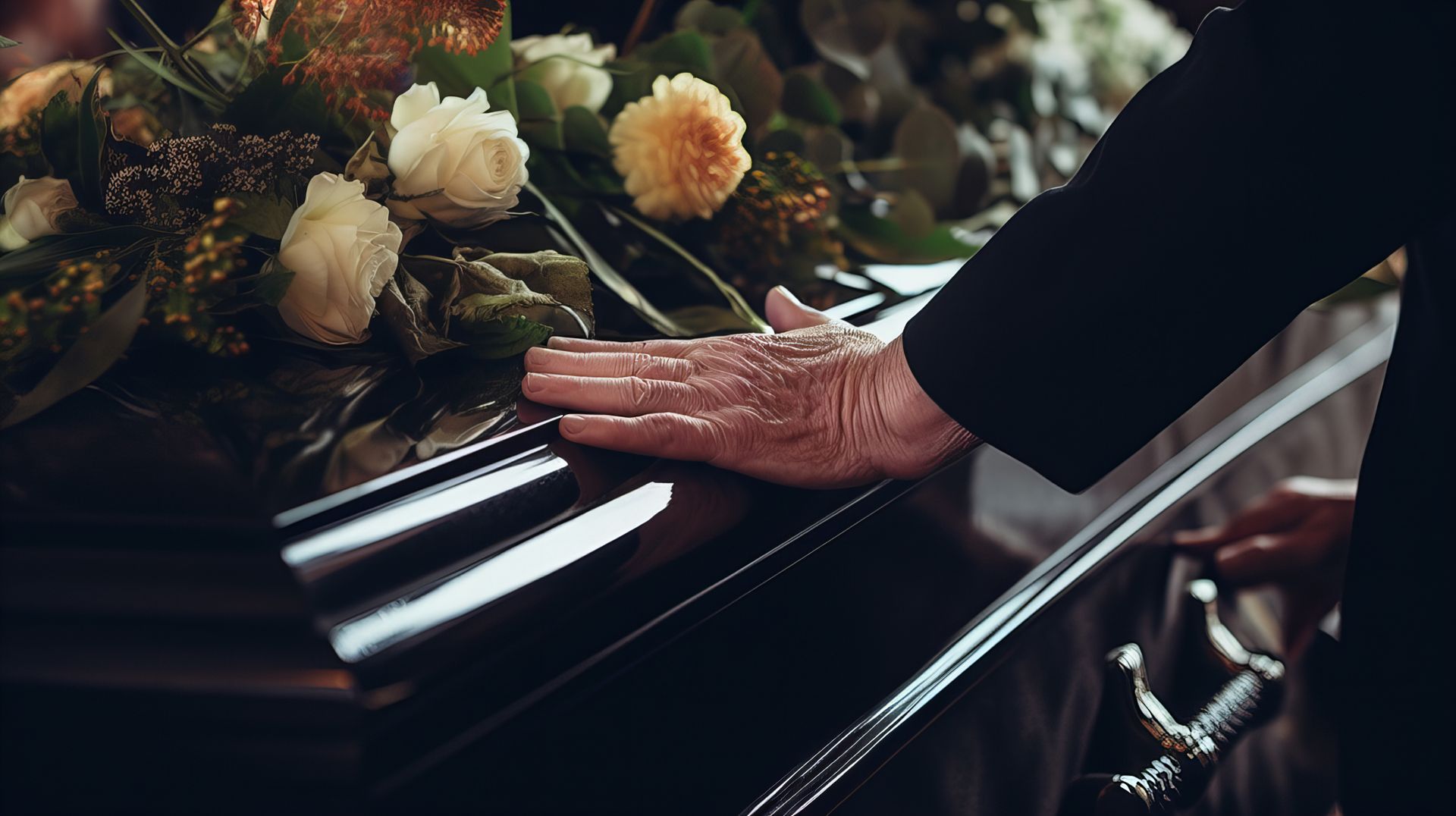 La main sur un cercueil accompagné de fleurs