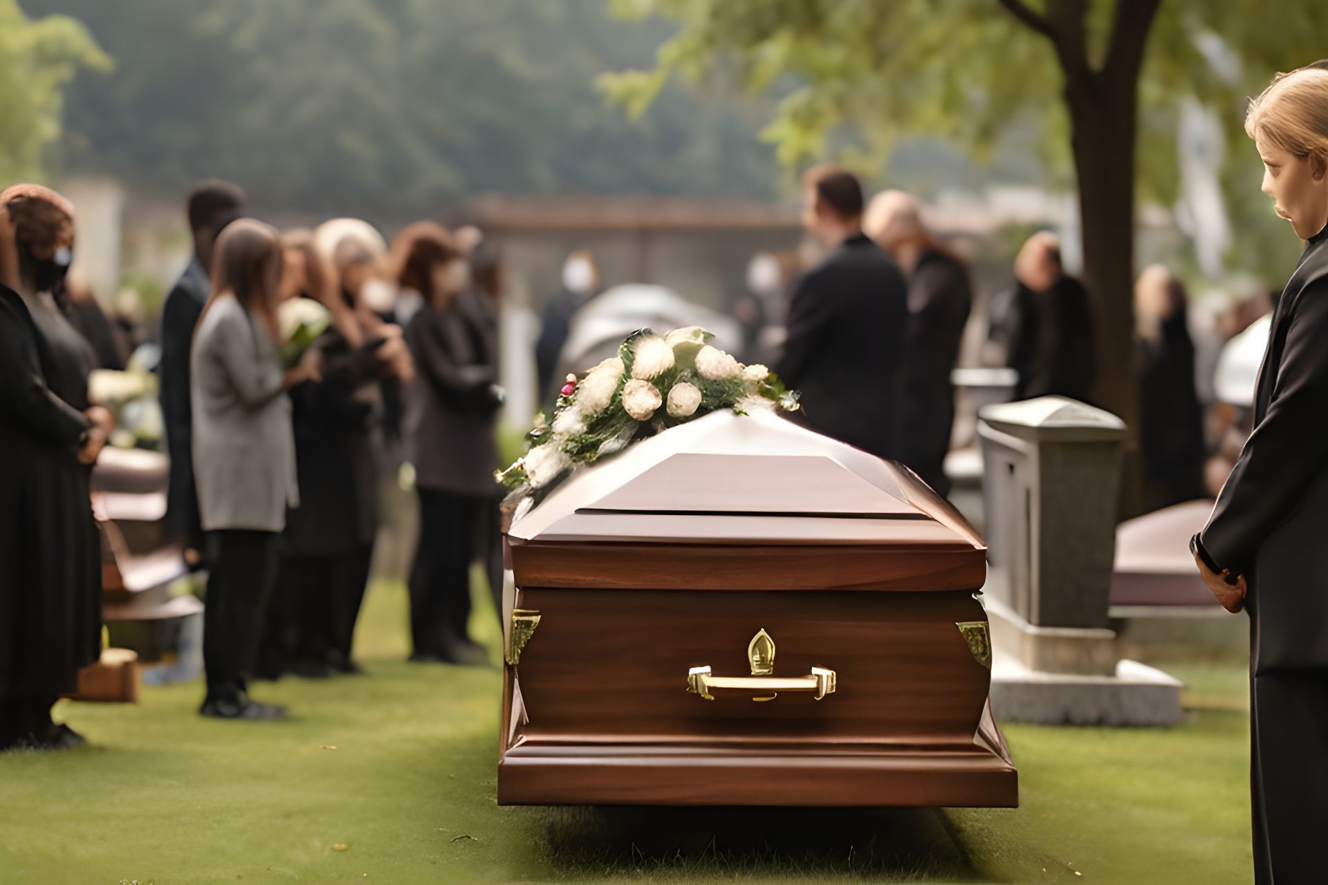Des personnes autour d'un cercueil dans un cimetière