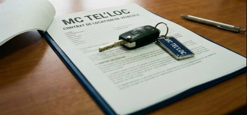 Des clés de voiture sur un contrat avec la mention MC TEL'LOC en haut ; un stylo est posé à côté.