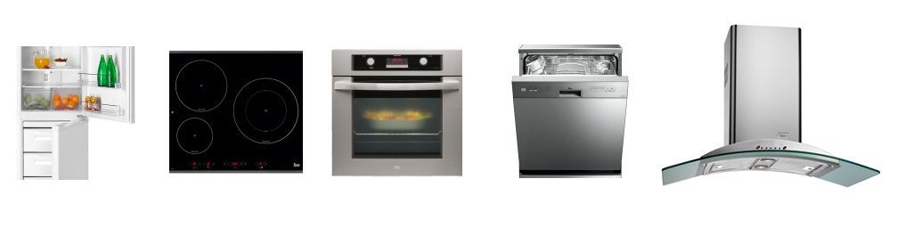 Juego de electrodomésticos de cocina: placa de cocción, horno, lavavajillas y campana extractora de acero inoxidable con hojas de instrucciones.