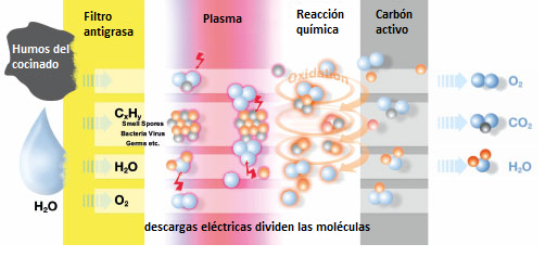 Diagrama del filtro de plasma que muestra la eliminación de impurezas a través de etapas catalíticas, de carbón activado y de purificación.