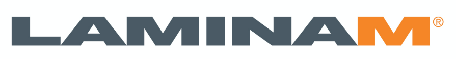 Logotipo de Laminam en gris y naranja sobre fondo blanco.
