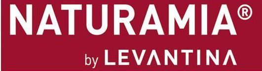 Logotipo blanco de NATURAMIA by LEVANTINA sobre fondo rojo