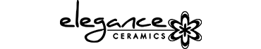 Logotipo de Elegance Ceramics en letra cursiva negra con un icono de azulejo floral sobre fondo blanco.