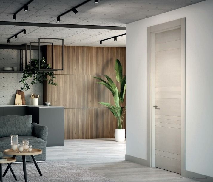 Sala de estar moderna con sofá gris, pared decorativa de madera, plantas en macetas y puerta blanca.