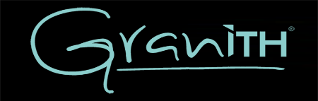 Logotipo “Granith” dibujado a mano en color turquesa sobre fondo negro.