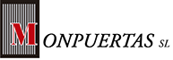 Logotipo de Monpuertas SL con una M estilizada en rojo y negro y texto negro sobre fondo blanco.