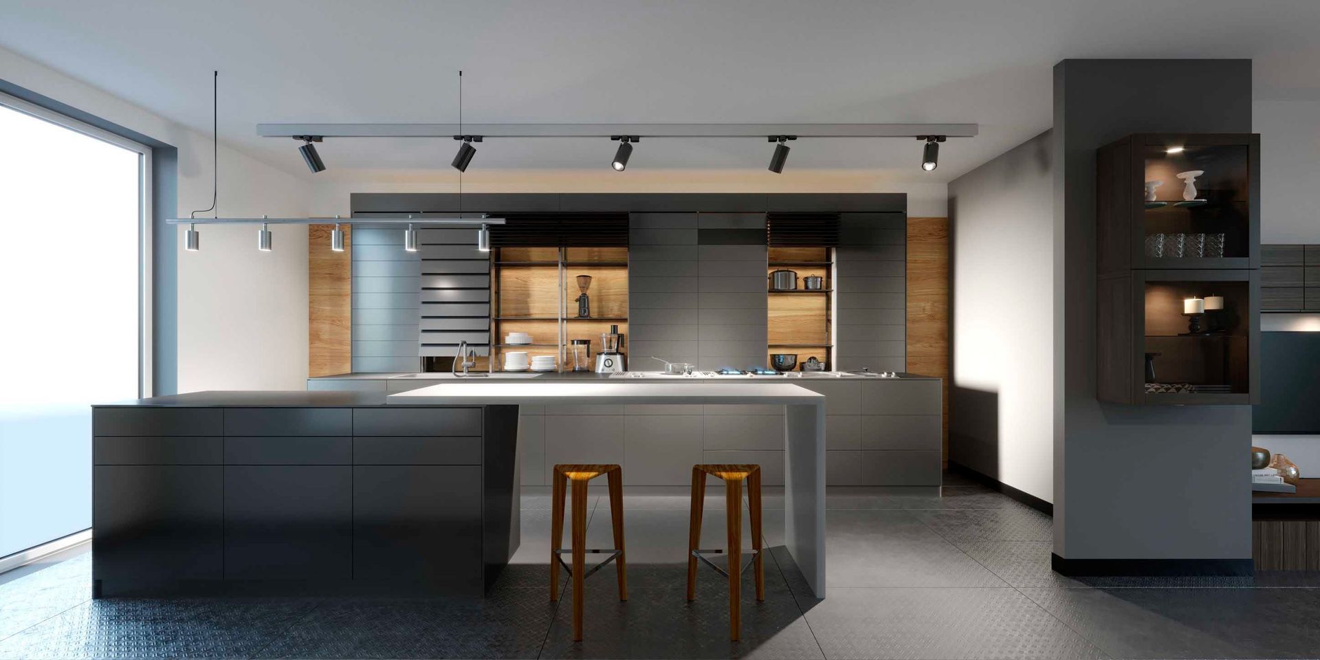 Cocina moderna minimalista con armarios oscuros, isla central y dos taburetes de madera.