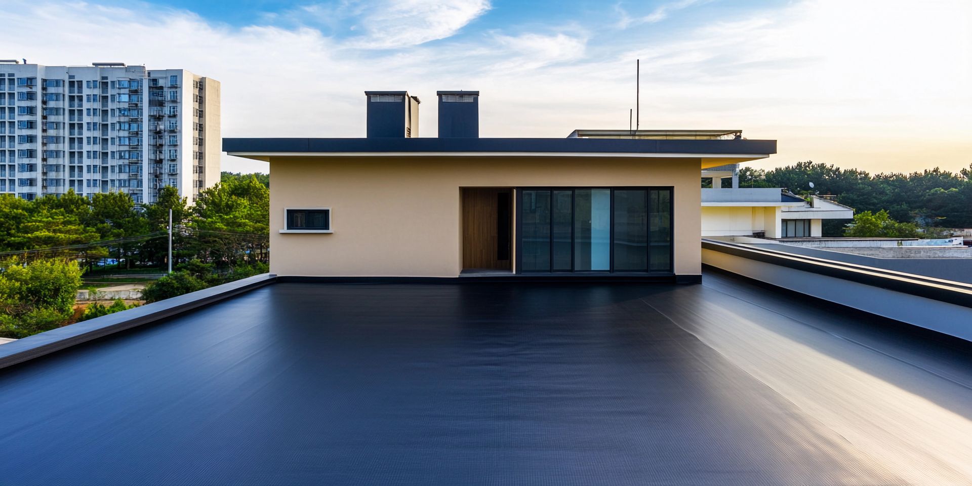 Toit plat noir surmonté d'un petit bâtiment, deux cheminées et des portes coulissantes en verre. Ciel bleu.