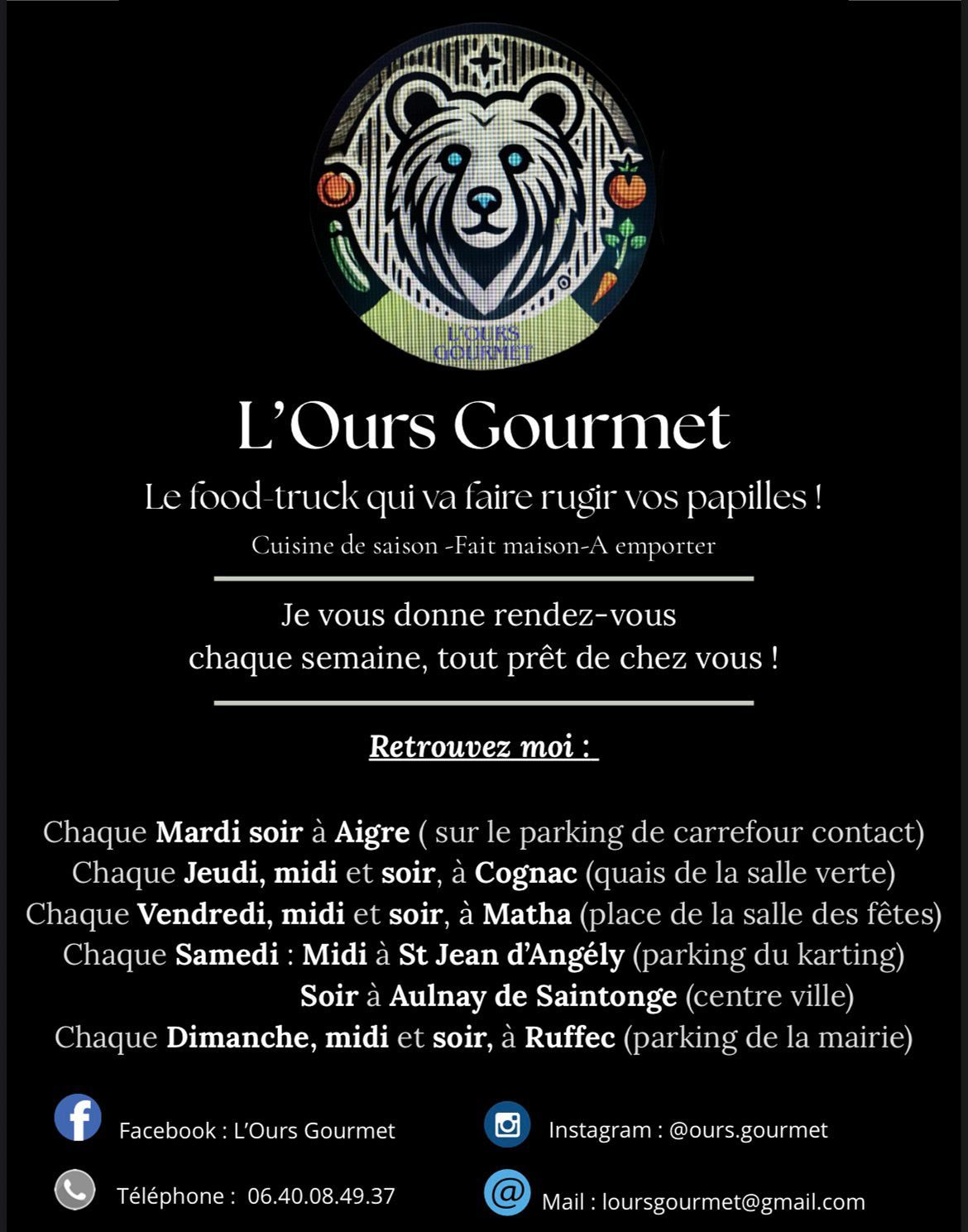 Le flyer de L'Ours Gourmet qui montre ses emplacements de la semaine