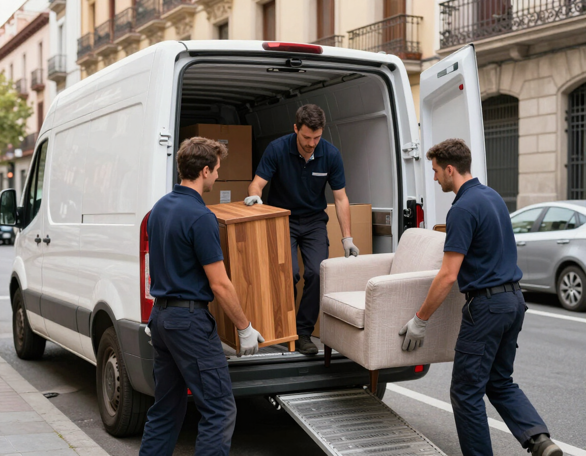 Tres repartidores descargan una furgoneta blanca y llevan un sofá y muebles de madera por una calle de la ciudad.