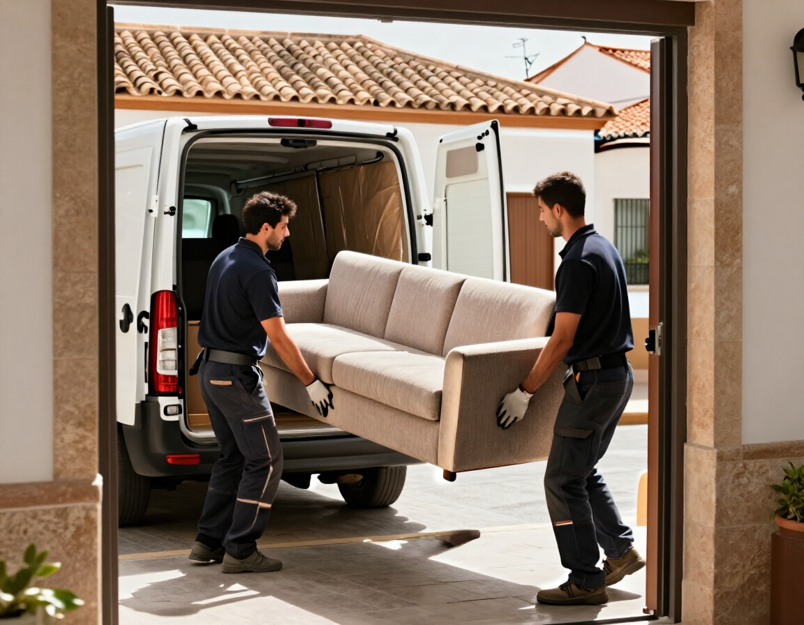 Dos mudanceros sacando un sofá beige de una furgoneta blanca en una entrada soleada