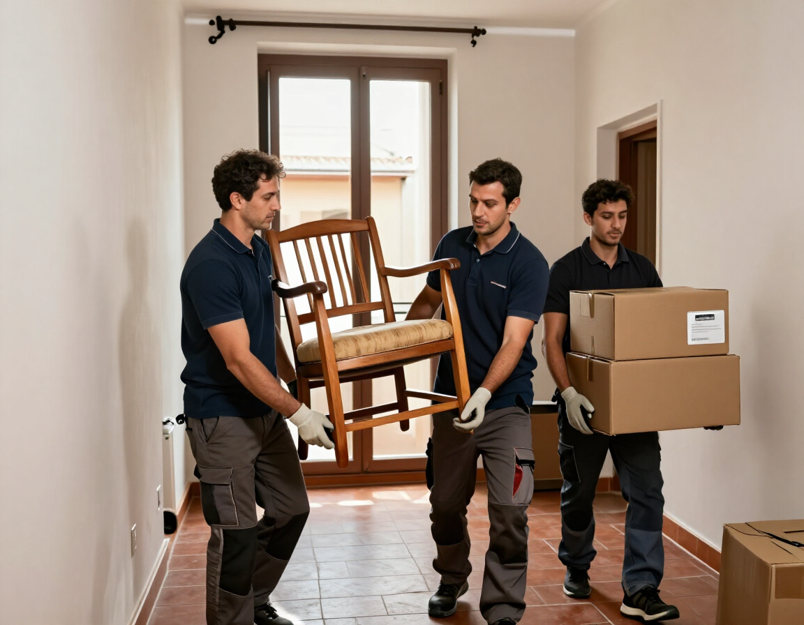 Tres personas de la mudanza bajan por un pasillo de una casa con una silla de madera y unas cajas.