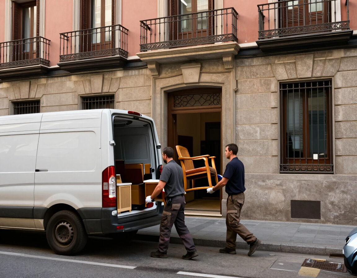 Dos hombres descargan sillas de madera de una furgoneta blanca en una calle de la ciudad.