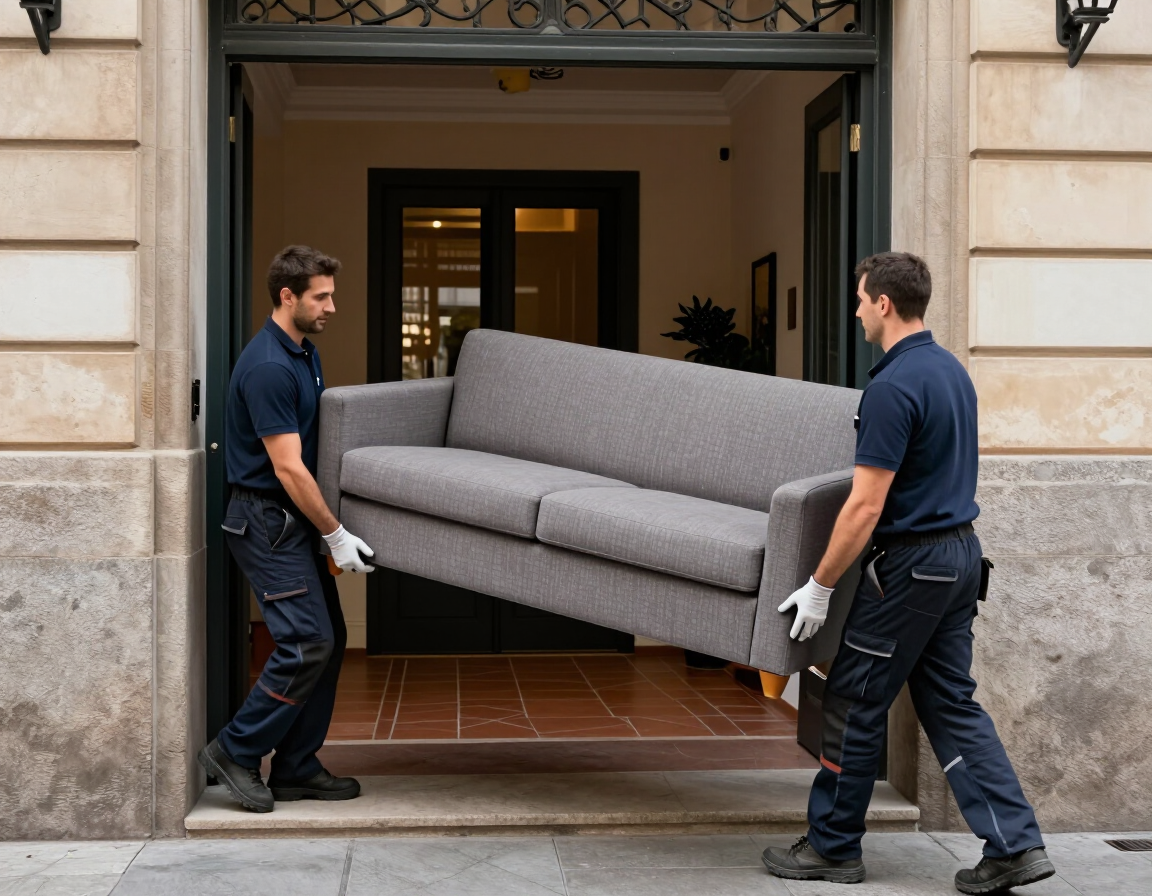 Dos personas de la mudanza llevan un sofá gris por una puerta hasta la entrada de un edificio