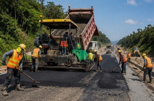 Equipo de construcción de carreteras pavimentando una autopista con asfalto
