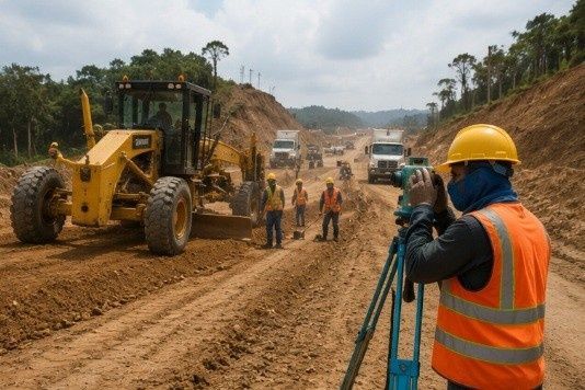 Obra en construcción de carreteras con trabajadores, una niveladora 
