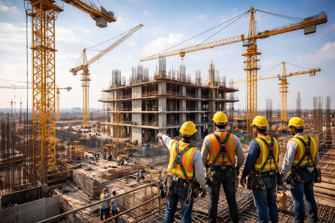 Obreros de la construcción en una obra con andamios y un camión hormigonera delante.