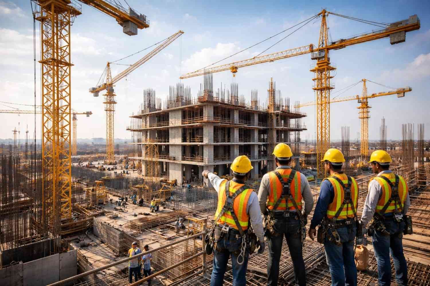 Obreros de la construcción con cascos supervisando una gran obra con grúas y andamios.