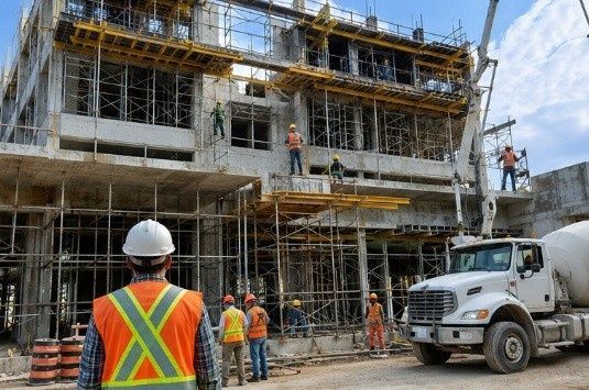 Obreros de la construcción en una obra con andamios y un camión hormigonera delante.