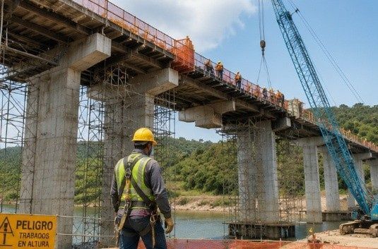 Un trabajador con casco se encuentra debajo de un puente en construcción con andamios y grúas cerca de un río.