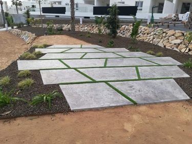 Una pasarela de hormigón con césped creciendo en un jardín.