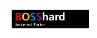 Logo mit dem Schriftzug „BOSS hard“ in farbiger Schrift auf schwarzem Rechteck, darunter steht „bekennt Farbe“ in Weiss.