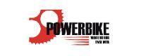 Logo mit dem Schriftzug „POWERBIKE“ und einem roten Zahnrad, dazu ein Slogan.