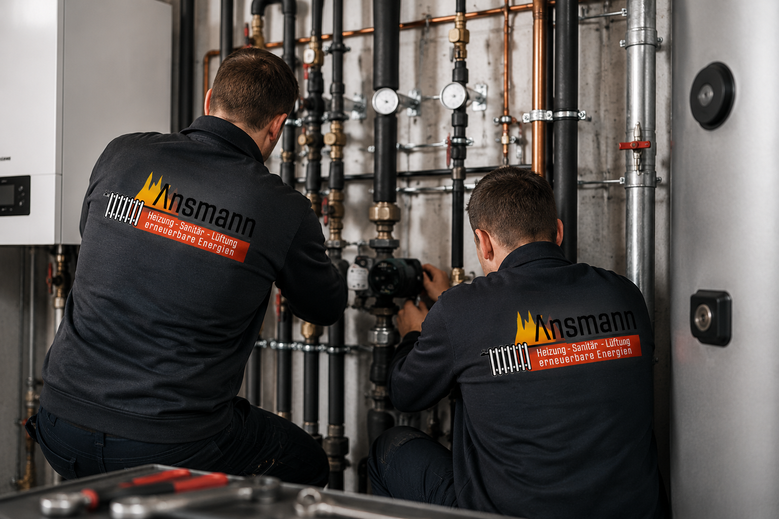 Toni Ansmann, Heizungs- und Lüftungsbau - GmbH, Mitarbeiter installiert Gerät an Decke