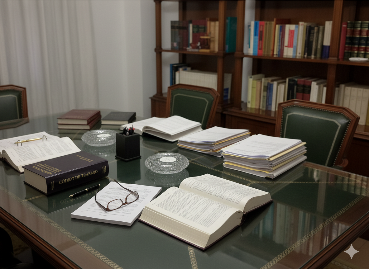 Un escritorio desordenado con libros, papeles y dos sillas de cuero verde, en un entorno de biblioteca.