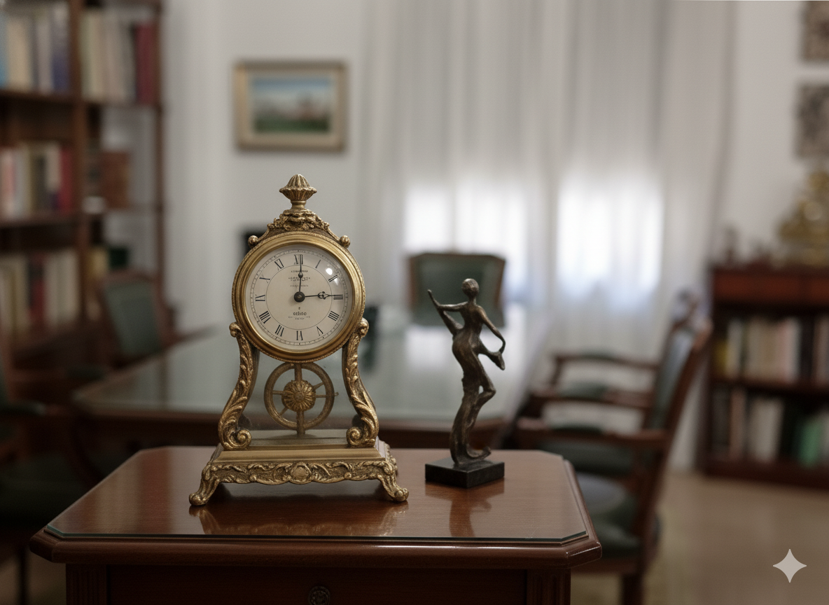 Reloj antiguo y escultura de bronce sobre una mesa en una habitación poco iluminada con estanterías y una mesa.