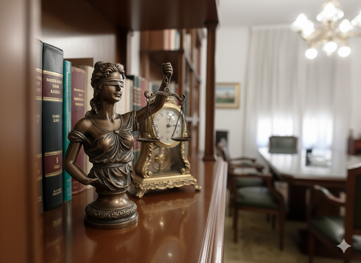 Estatua de la Dama de la Justicia y reloj en una estantería en la oficina de un abogado, con una mesa de comedor al fondo.