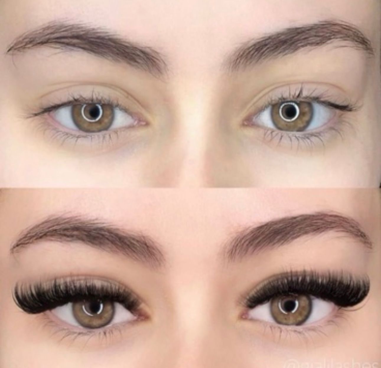 Comparación de ojos antes y después, mostrando pestañas naturales seguidas de un juego completo de extensiones de pestañas