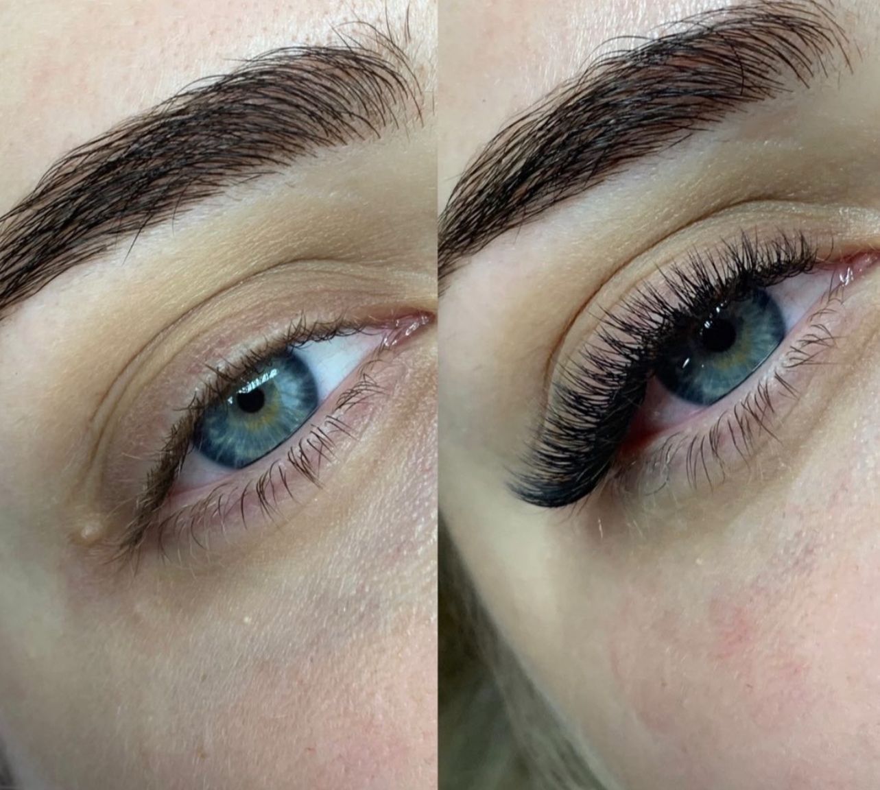 Comparación en pantalla dividida que muestra un ojo azul antes y después de la aplicación de extensiones de pestañas.