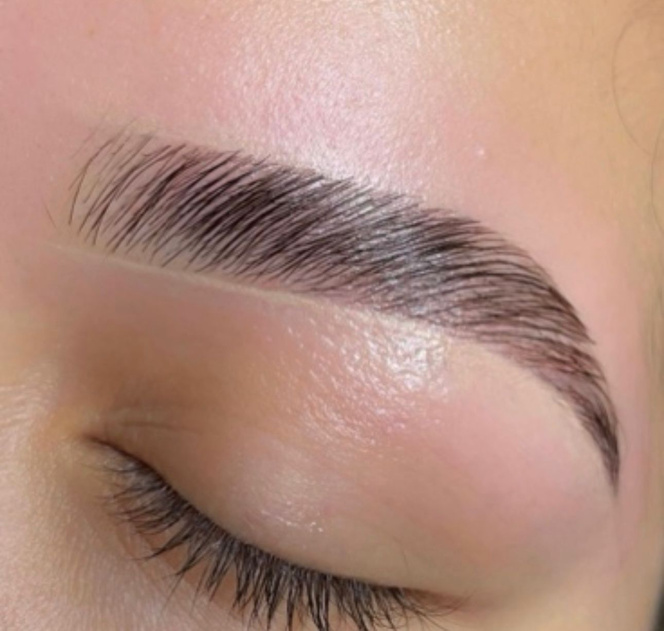 Primer plano de una ceja laminada, perfectamente arreglada, con pelos oscuros, estructurados y peinados