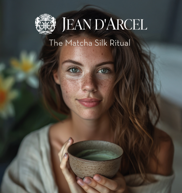 Frau hält eine Schale mit grünem Matcha, darüber der Text „Jean d'Arcel – Das Matcha-Seidenritual“.
