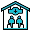 Un icono azul de un hospital con dos personas dentro.