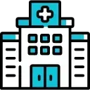 Un icono azul de un hospital con dos personas dentro.
