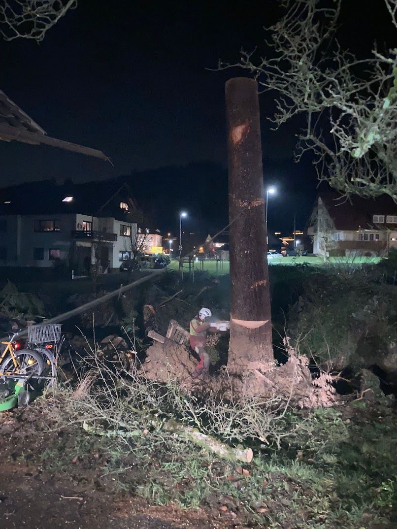 Nachts ein umgestürzter Baumstamm in der Nähe von Häusern, im Dunkeln ist ein Bagger zu sehen.