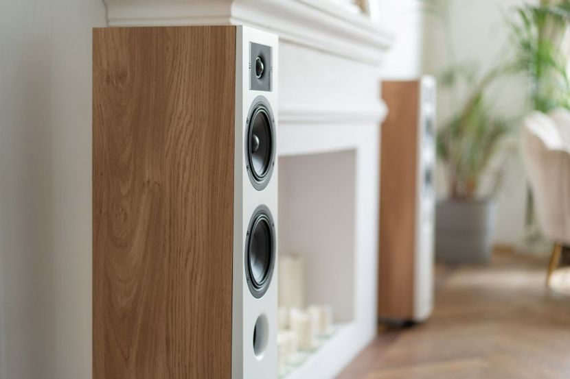 Enceintes colonnes encadrant une cheminée blanche dans un salon