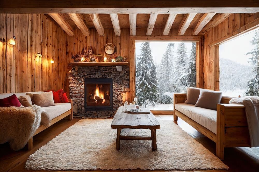 Una sala de estar llena de muebles y una chimenea.