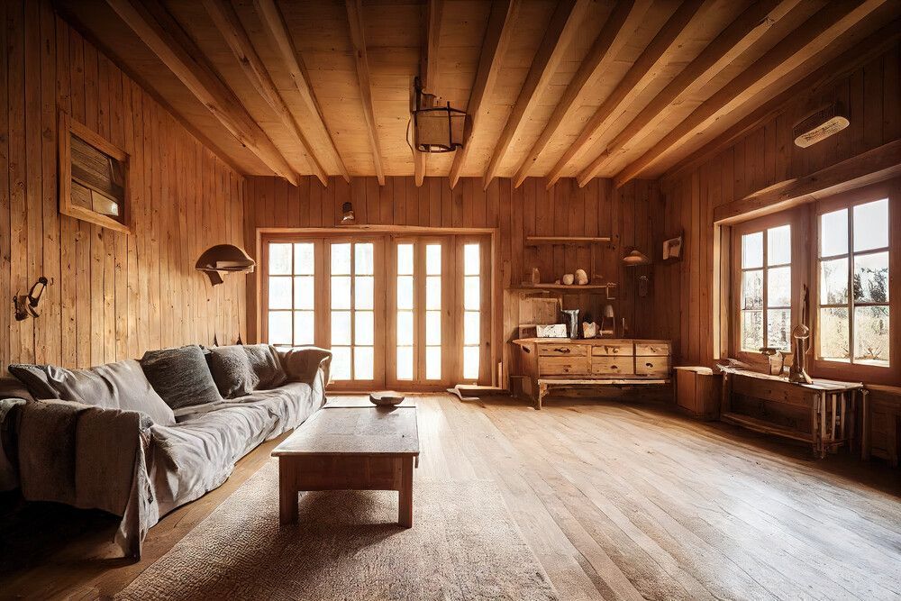 Una sala de estar con un sofá y una mesa de café en una casa de madera.