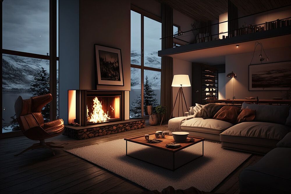 Hay una chimenea en el medio de la sala de estar.