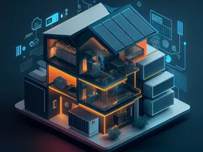 Una vista isométrica de una casa inteligente con paneles solares en el techo.